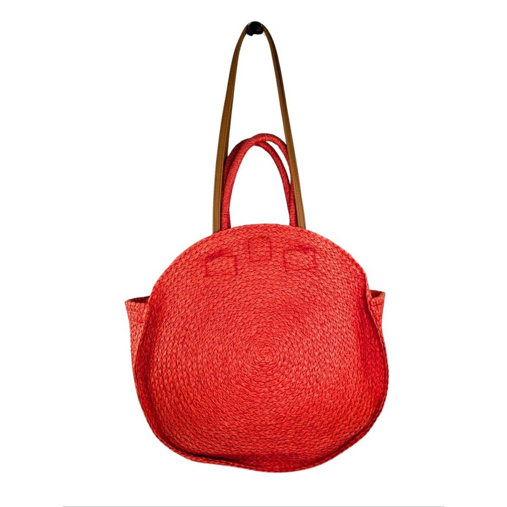 Red Woven Jute Large Round Straw Faux Leather Beach Pool Tote Bag